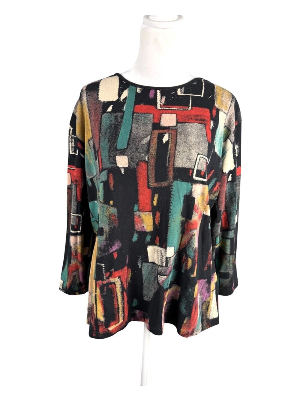 Jess & Jane L 3/4 Sleeve Knit Top Cubist Abstract Art to Wear Boho Pullover